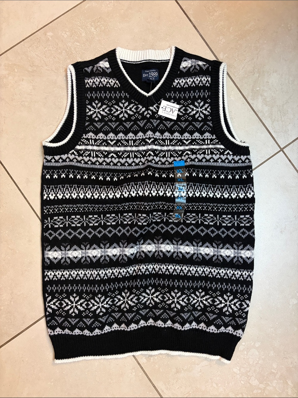 Place Black and White V-Neck Fair Isle Sweater Vest